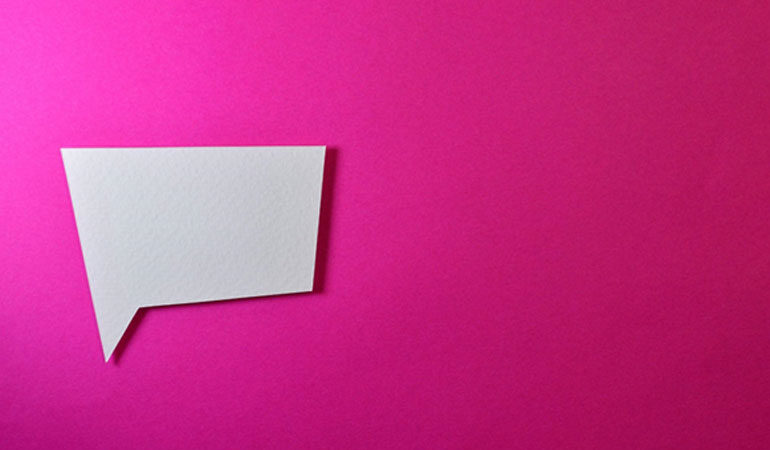 Blocky, white speech bubble against hot pink background