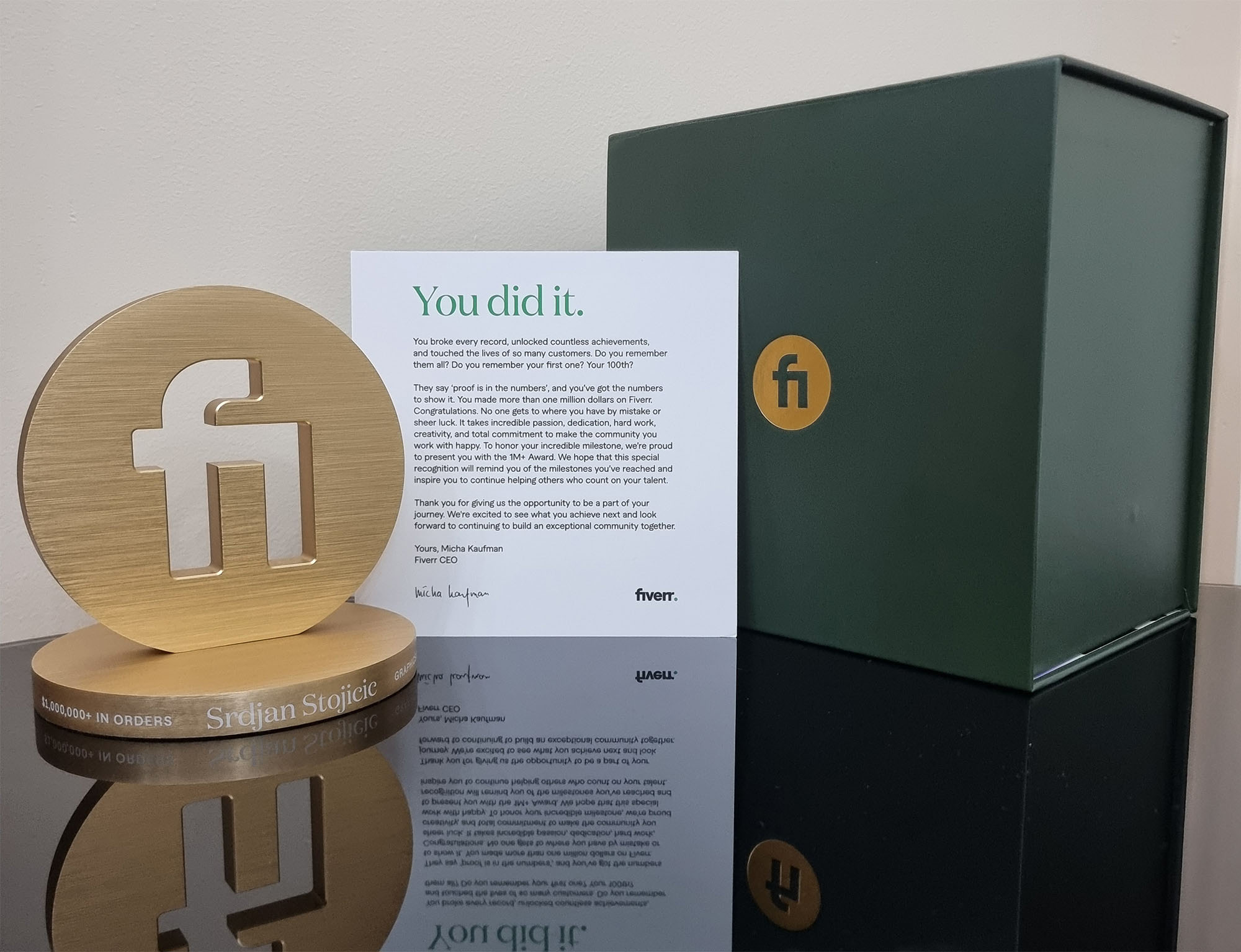 Fiverr $1M Award presented to Rabbit for excellence in logo design services